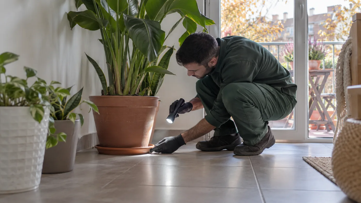 Técnico inspeccionando una maceta dentro de una vivienda de Ripollet