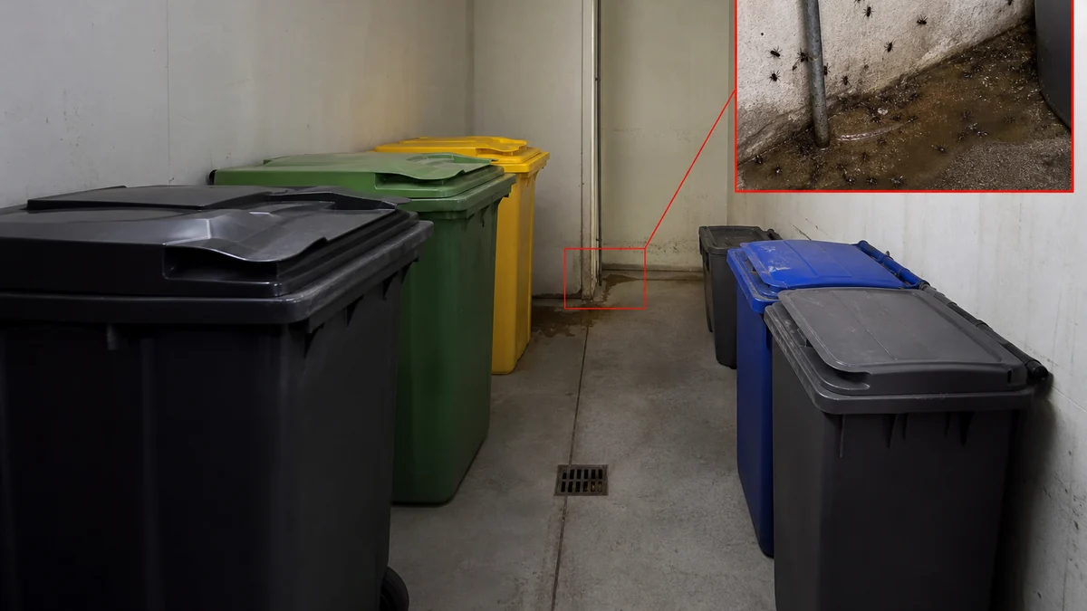 Cuarto comunitario de residuos limpio con cubos cerrados y un sumidero de suelo