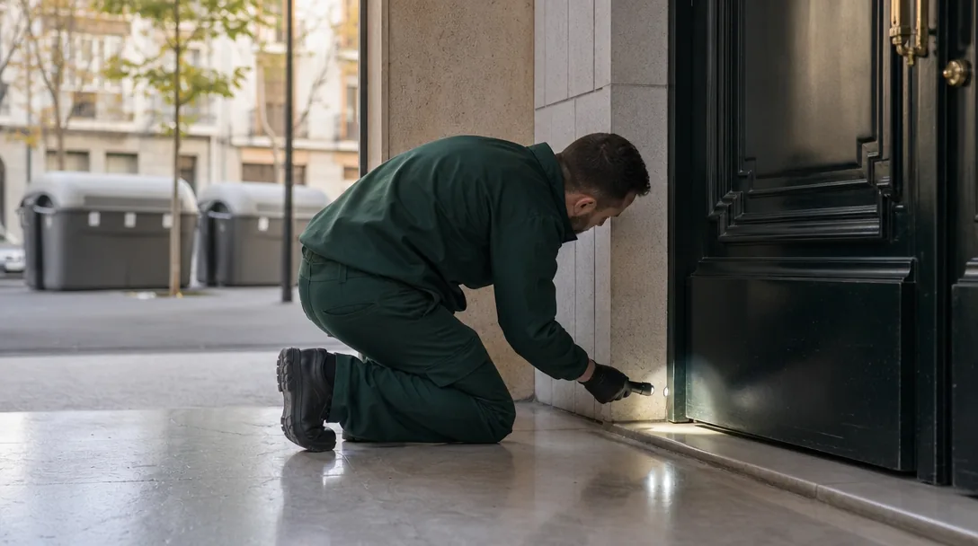 Técnico inspeccionando el umbral de un portal por posible entrada de ratas en Ripollet