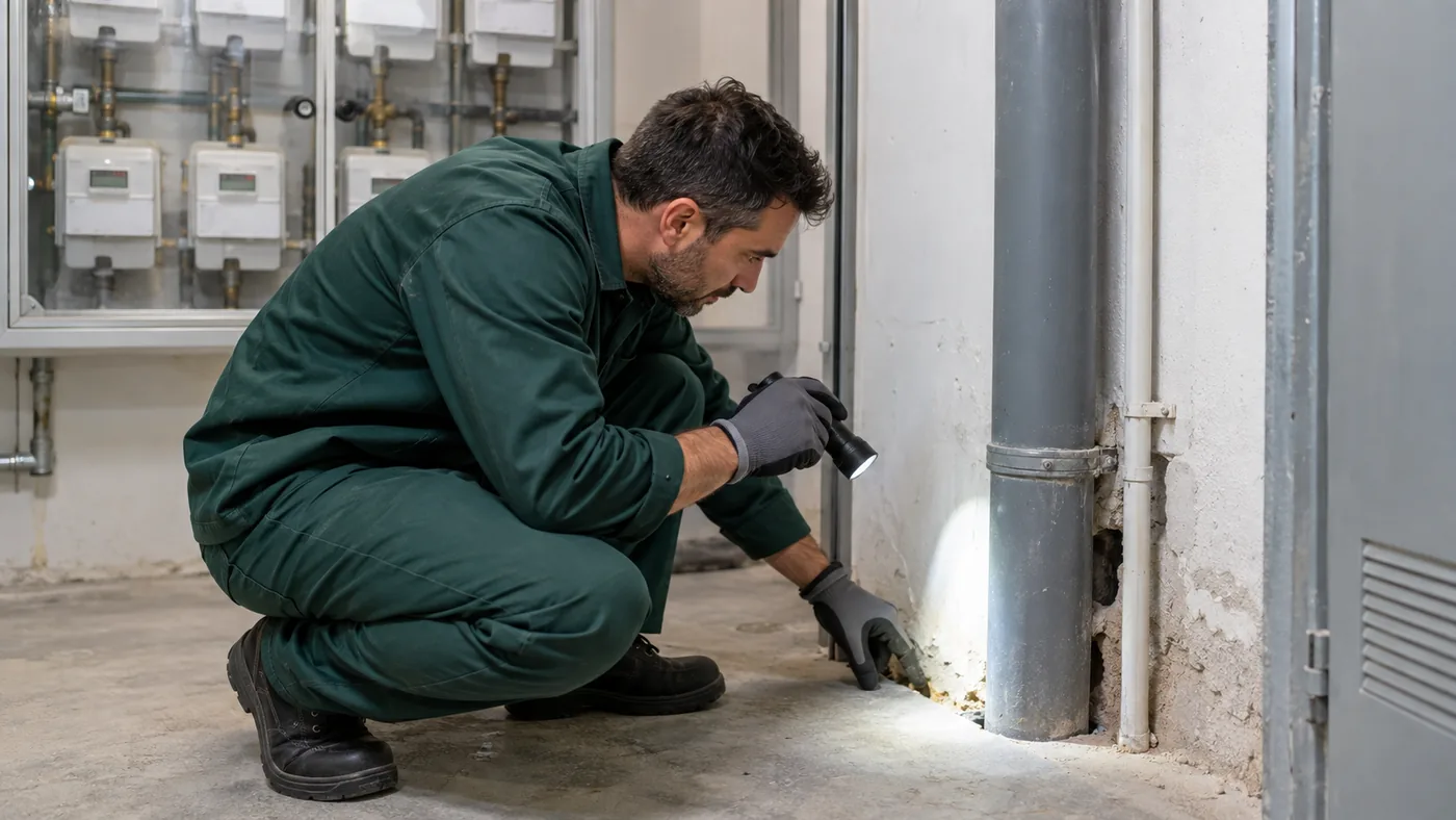 Técnico inspeccionando un paso de tuberías en un cuarto de contadores comunitario