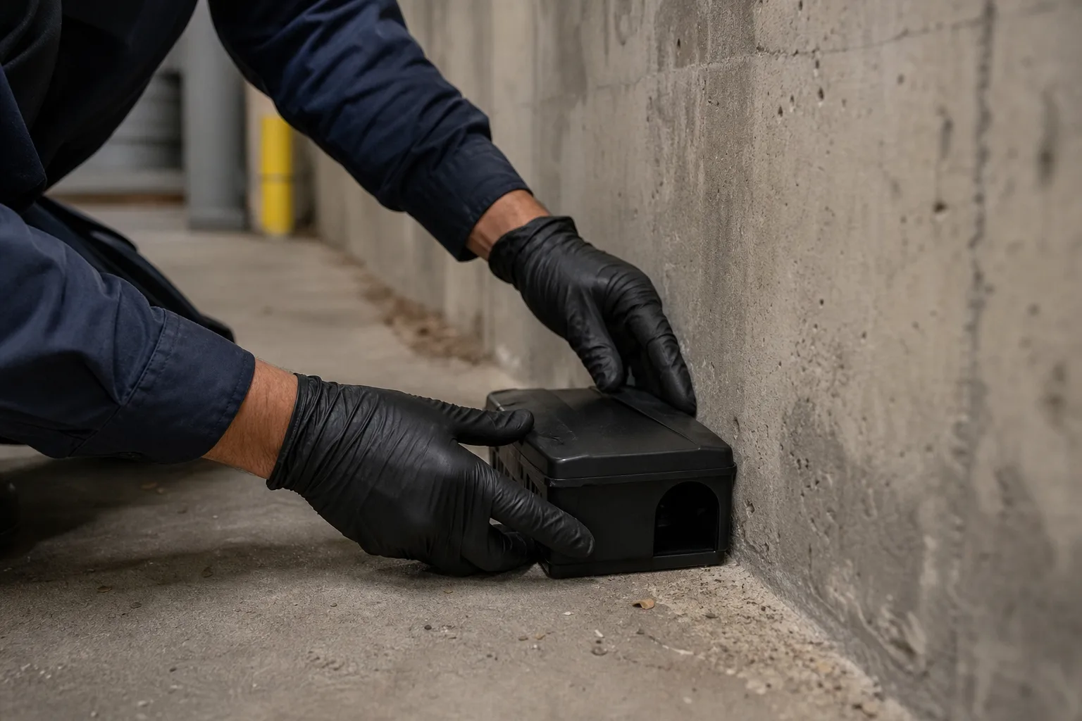 Desratización en Ripollet: técnico instalando portacebos para ratas y ratones